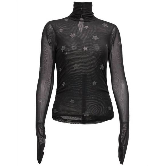 NEW CINQ A SEPT women star shirred mesh turtleneck top in black - Picture 2 of 5
